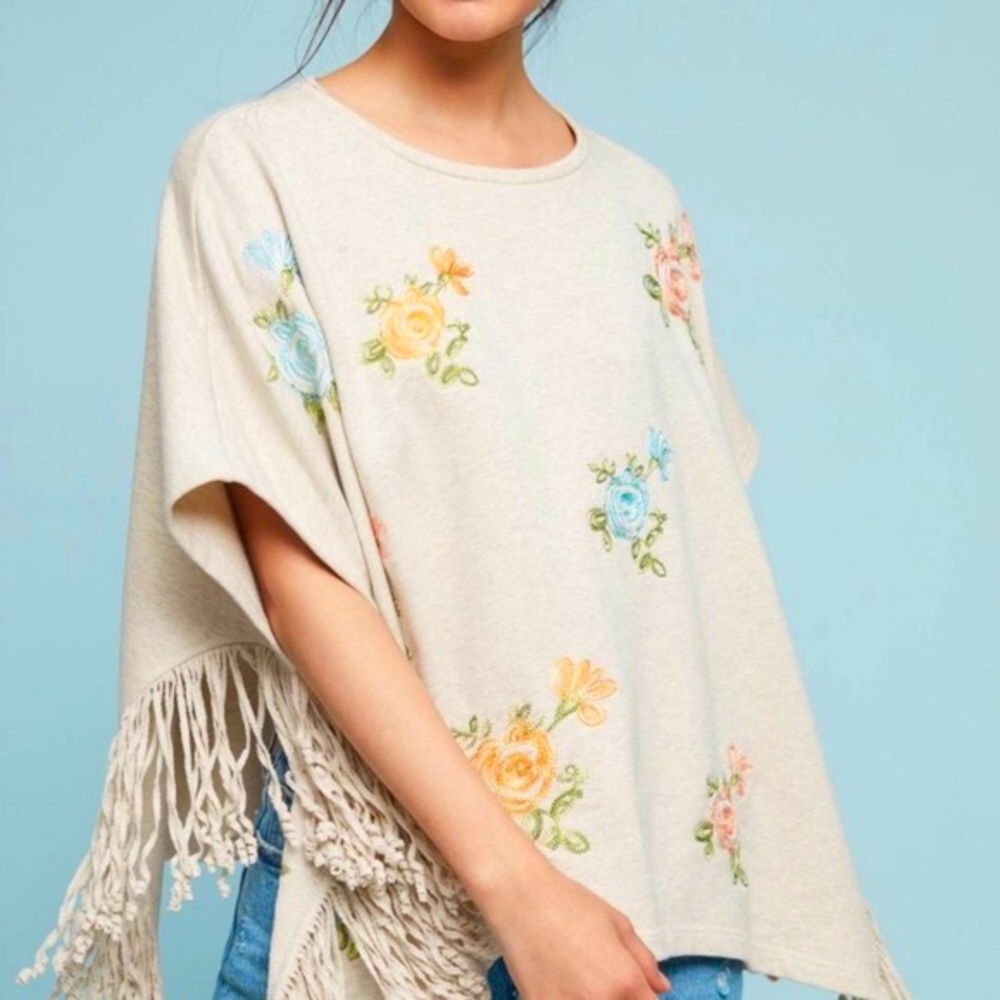 Anthropologie Swingy Fringe Poncho with Embroidered Flowers